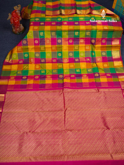 Beautiful Paalum Pazham Checks Pure Kanjivaram Silk Saree With Traditional Border