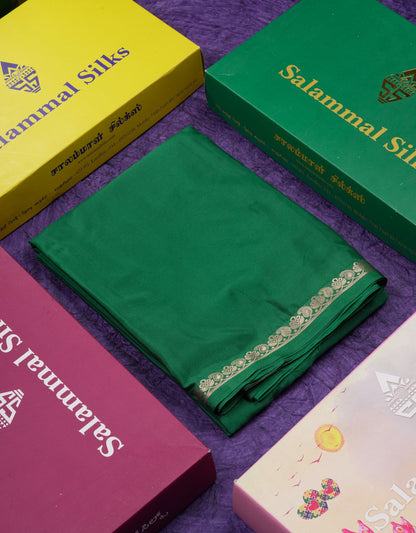 Beautiful Bottle Green Plain Semi Mysore Silk Saree With Small Traditional Zari Border