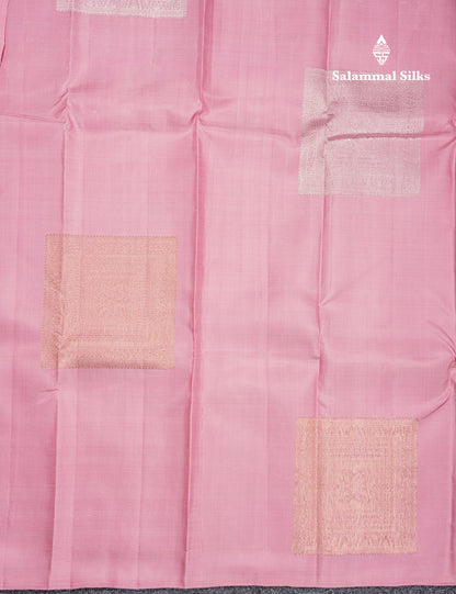 Baby Pink Fancy Pure Kanjivaram Silk Saree With Contrast Blueish Grey Blouse