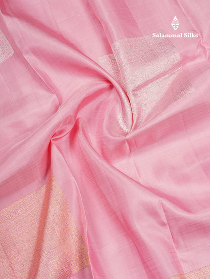 Baby Pink Fancy Pure Kanjivaram Silk Saree With Contrast Blueish Grey Blouse