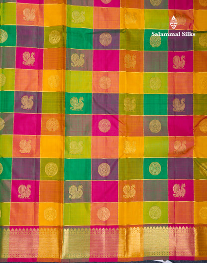Beautiful Paalum Pazham Checks Pure Kanjivaram Silk Saree With Traditional Border