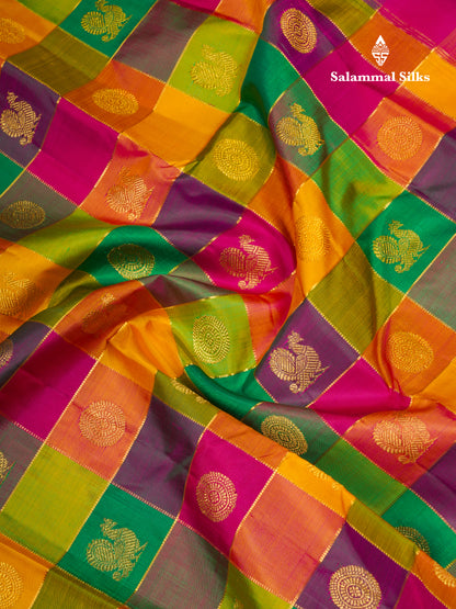 Beautiful Paalum Pazham Checks Pure Kanjivaram Silk Saree With Traditional Border