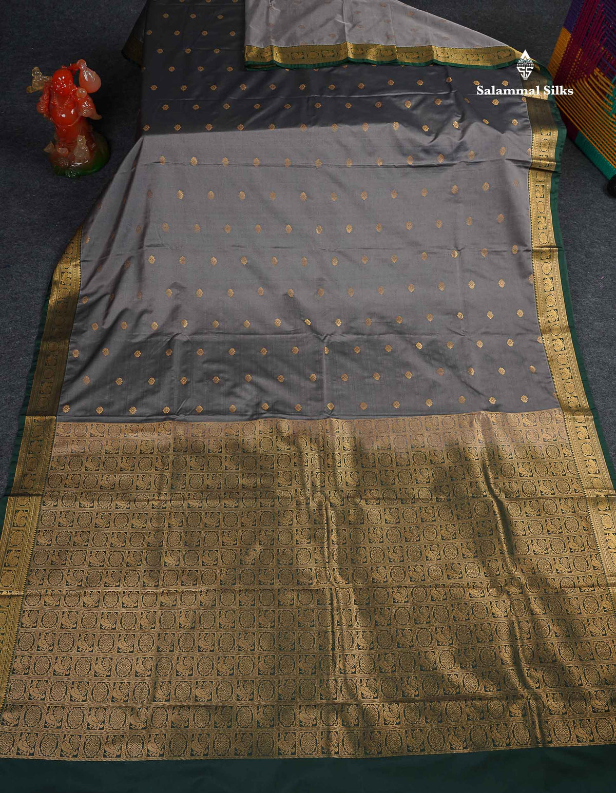 Semi Silk Saree -  Grey Colour Body Butta With Contrast Bottle Green Traditional Small Border