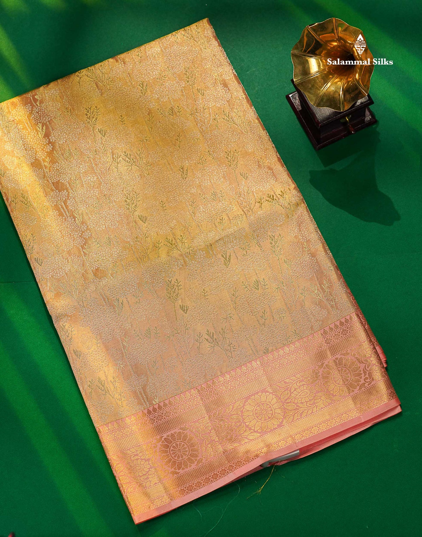 Sandal Tissue Bridal Pure Kanjivaram Silk Saree With Contrast Peach Border