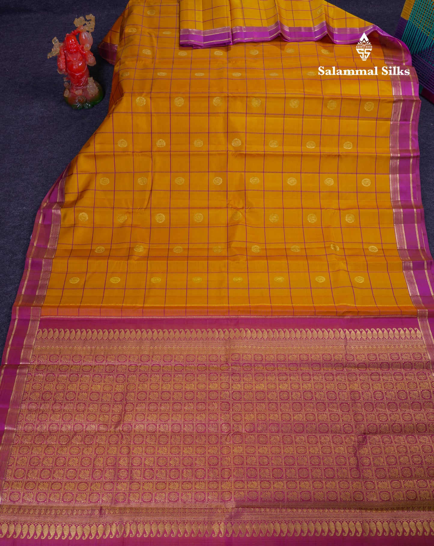 Beautiful Rexona Green Checks With Butta Pure Kanjivaram Silk Saree With Contrast Purple Traditional Medium Gap Border