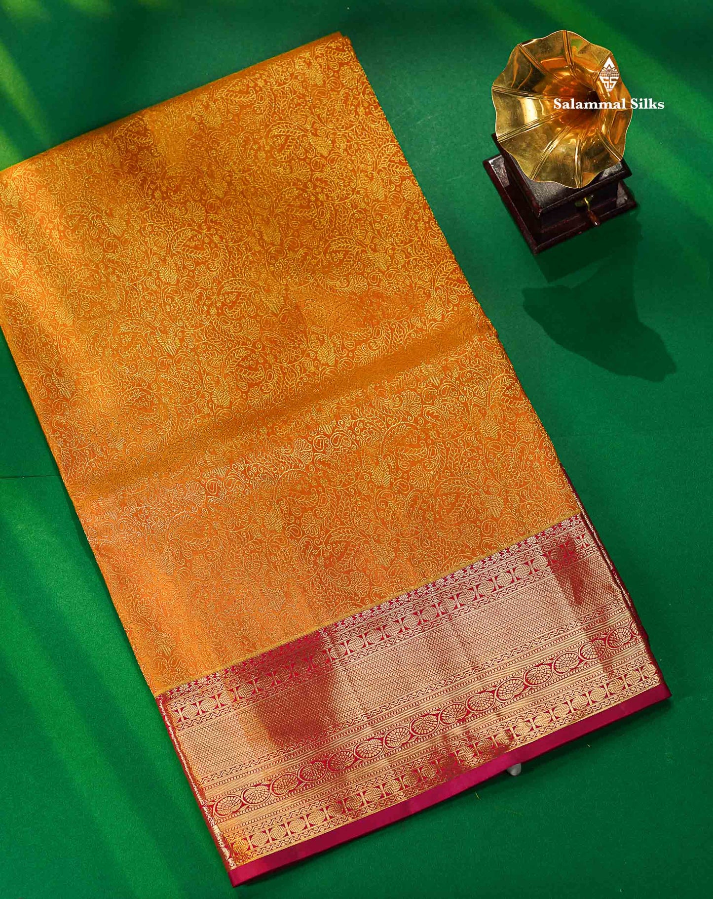 Mustard Yellow Bridal Pure Kanjivaram Silk Saree With Contrast Magenta Border