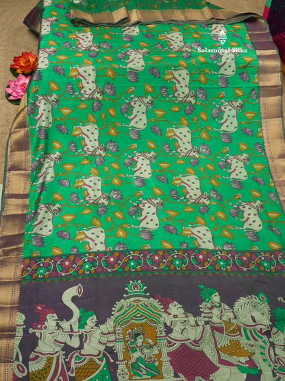 Purple Pichwai Print In Semi Raw Silk Saree With Contrast Rama Blue Traditional Border