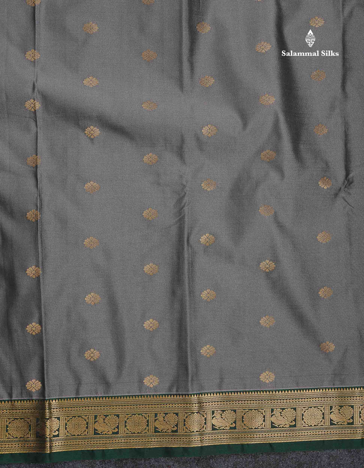 Semi Silk Saree -  Grey Colour Body Butta With Contrast Bottle Green Traditional Small Border
