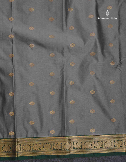 Semi Silk Saree -  Grey Colour Body Butta With Contrast Bottle Green Traditional Small Border