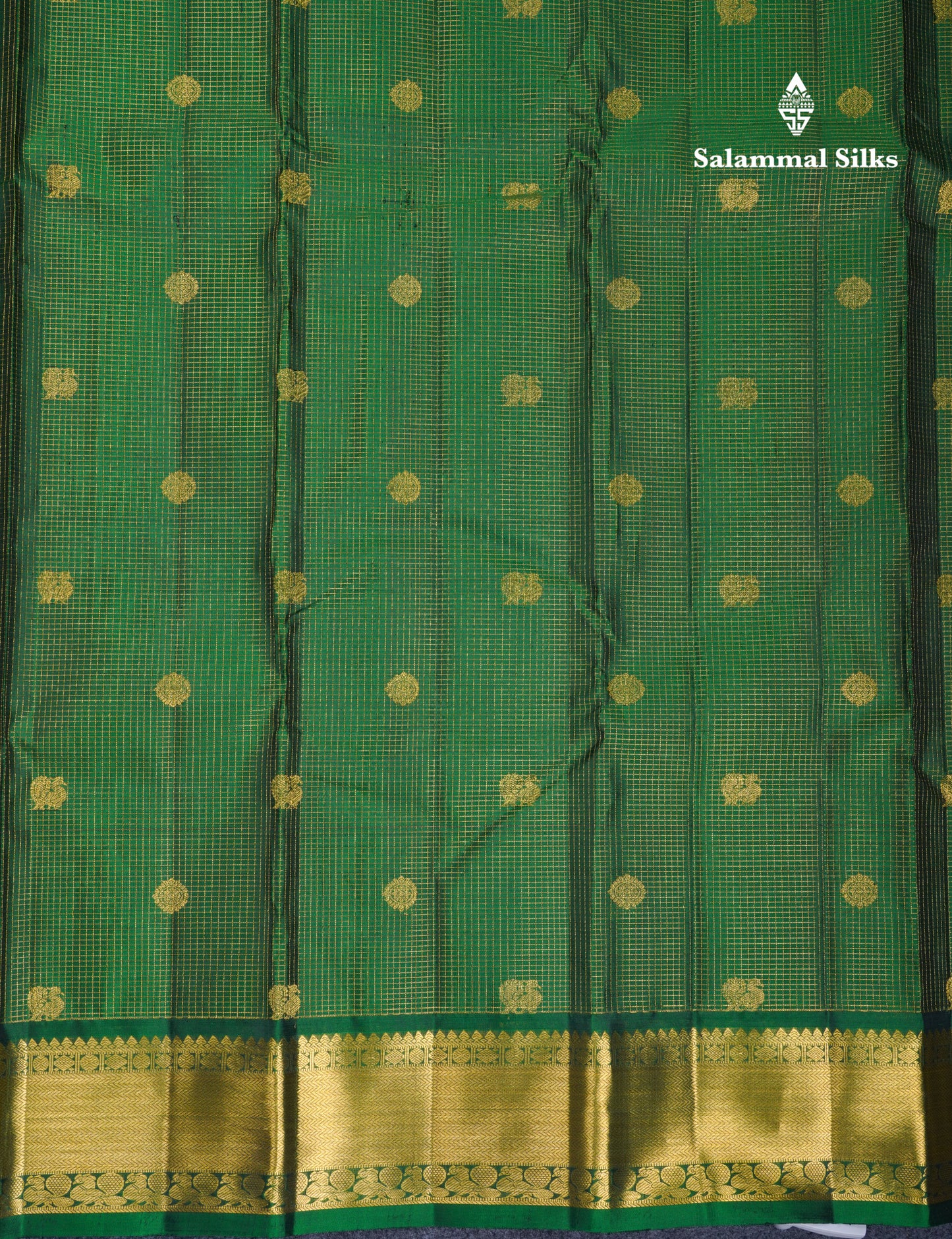 Bottle Green Vaira Oosi Small Checks Pure Kanjivaram Silk Saree With Traditional Border