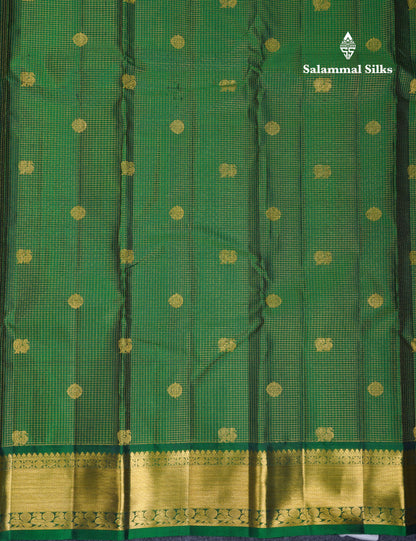 Bottle Green Vaira Oosi Small Checks Pure Kanjivaram Silk Saree With Traditional Border