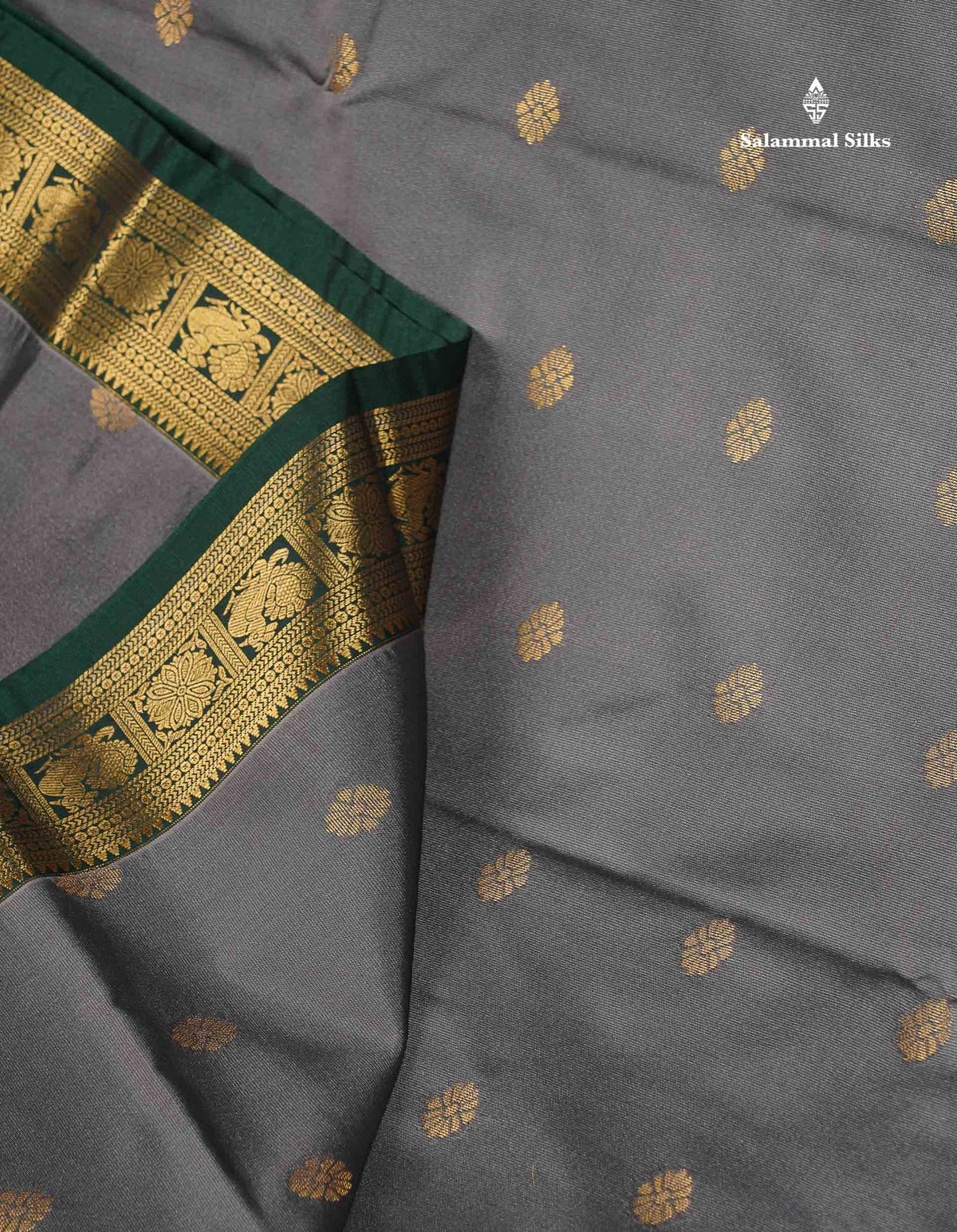 Semi Silk Saree -  Grey Colour Body Butta With Contrast Bottle Green Traditional Small Border