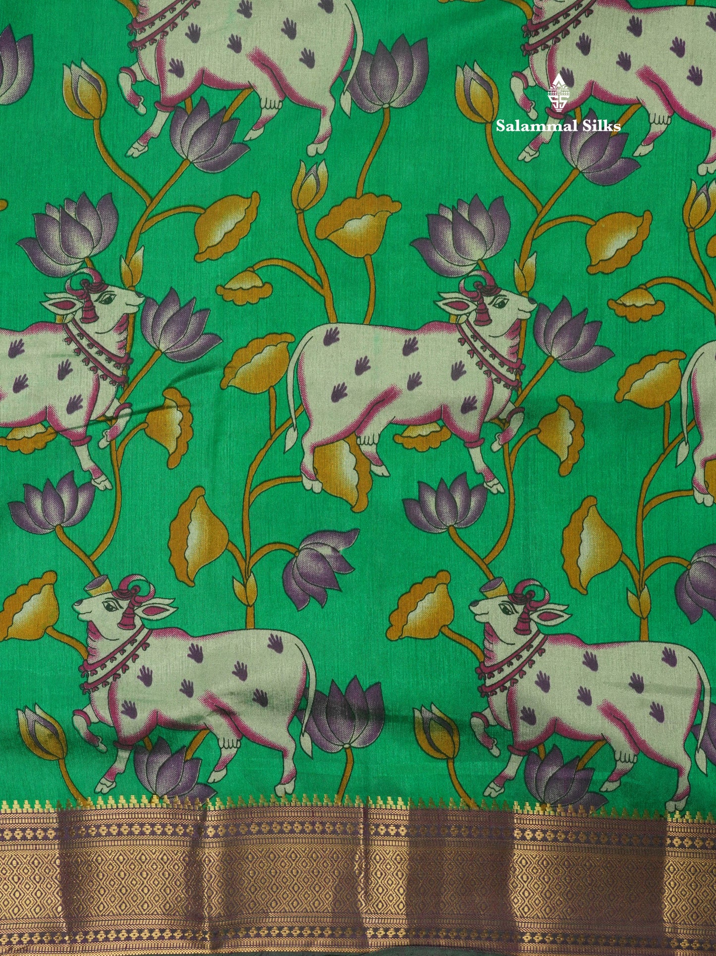 Purple Pichwai Print In Semi Raw Silk Saree With Contrast Rama Blue Traditional Border