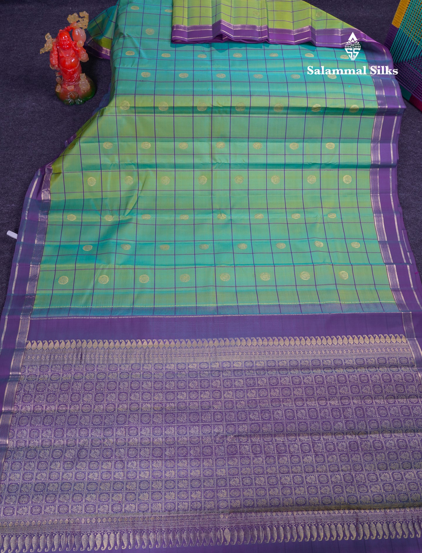 Beautiful Rexona Green Checks With Butta Pure Kanjivaram Silk Saree With Contrast Purple Traditional Medium Gap Border