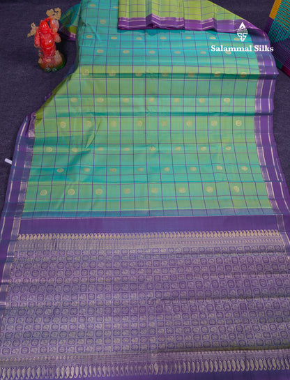 Beautiful Rexona Green Checks With Butta Pure Kanjivaram Silk Saree With Contrast Purple Traditional Medium Gap Border