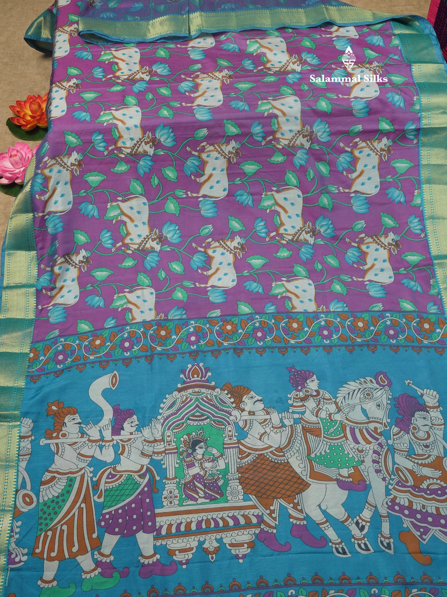 Purple Pichwai Print In Semi Raw Silk Saree With Contrast Rama Blue Traditional Border