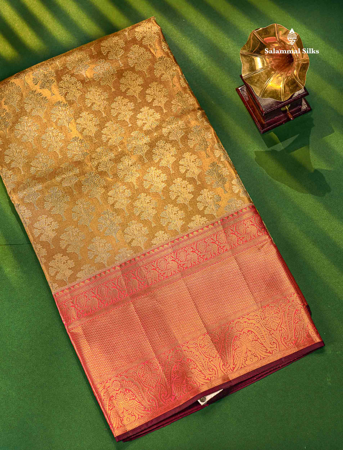 Bridal Pure Kanjivaram Silk Saree - Gold Colour Body Tissue With Pink Traditional Evening Morning Border