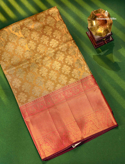 Bridal Pure Kanjivaram Silk Saree - Gold Colour Body Tissue With Pink Traditional Evening Morning Border