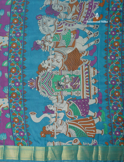 Purple Pichwai Print In Semi Raw Silk Saree With Contrast Rama Blue Traditional Border