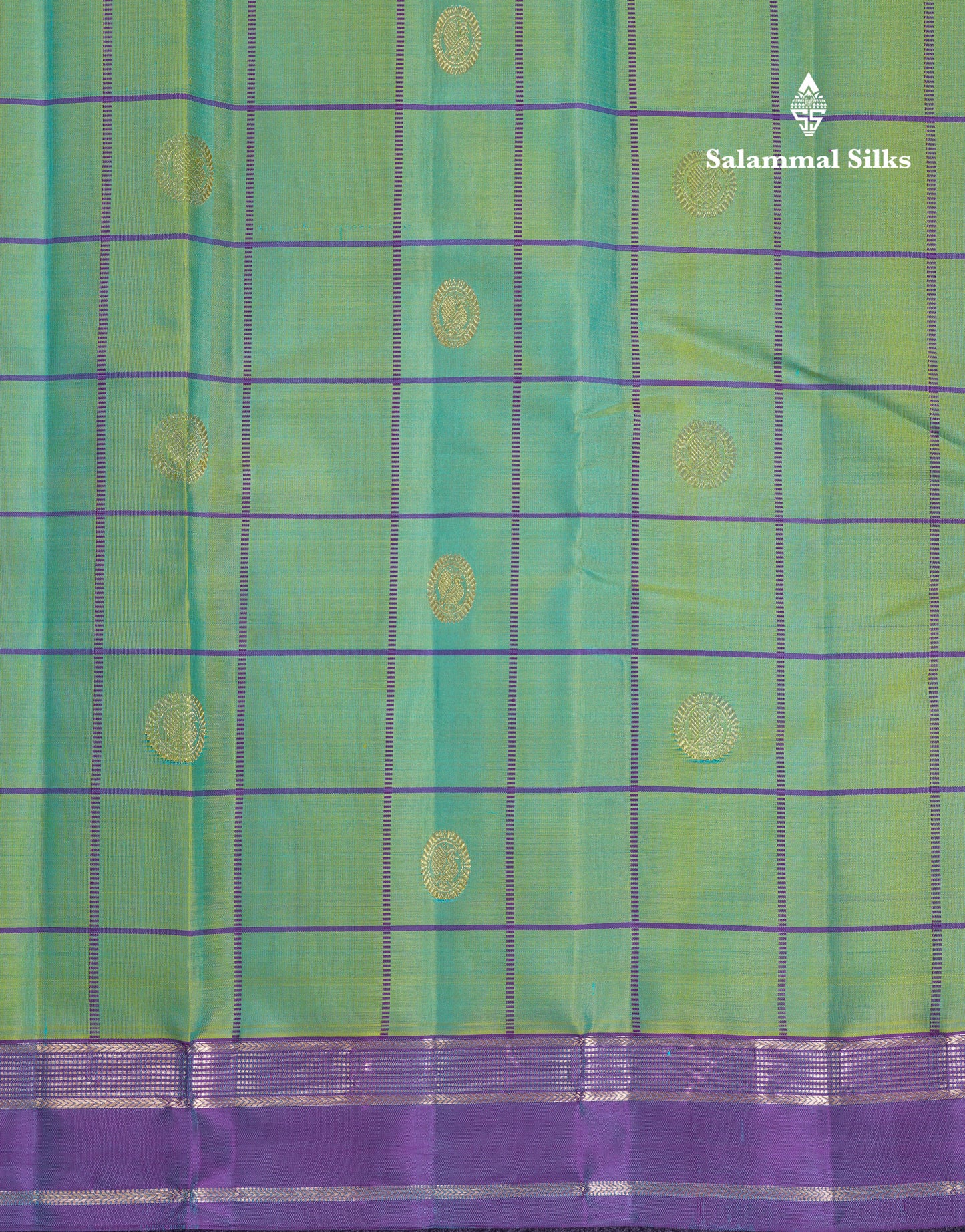 Beautiful Rexona Green Checks With Butta Pure Kanjivaram Silk Saree With Contrast Purple Traditional Medium Gap Border