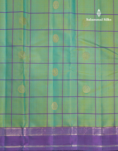 Beautiful Rexona Green Checks With Butta Pure Kanjivaram Silk Saree With Contrast Purple Traditional Medium Gap Border
