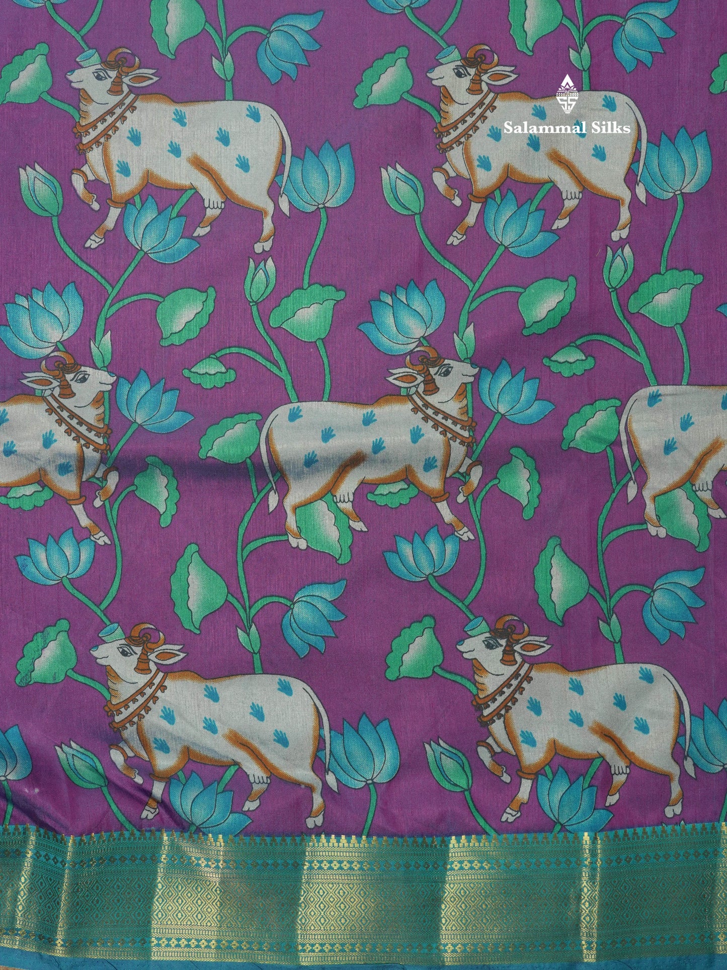 Purple Pichwai Print In Semi Raw Silk Saree With Contrast Rama Blue Traditional Border