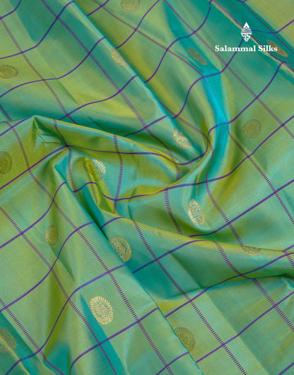 Beautiful Rexona Green Checks With Butta Pure Kanjivaram Silk Saree With Contrast Purple Traditional Medium Gap Border