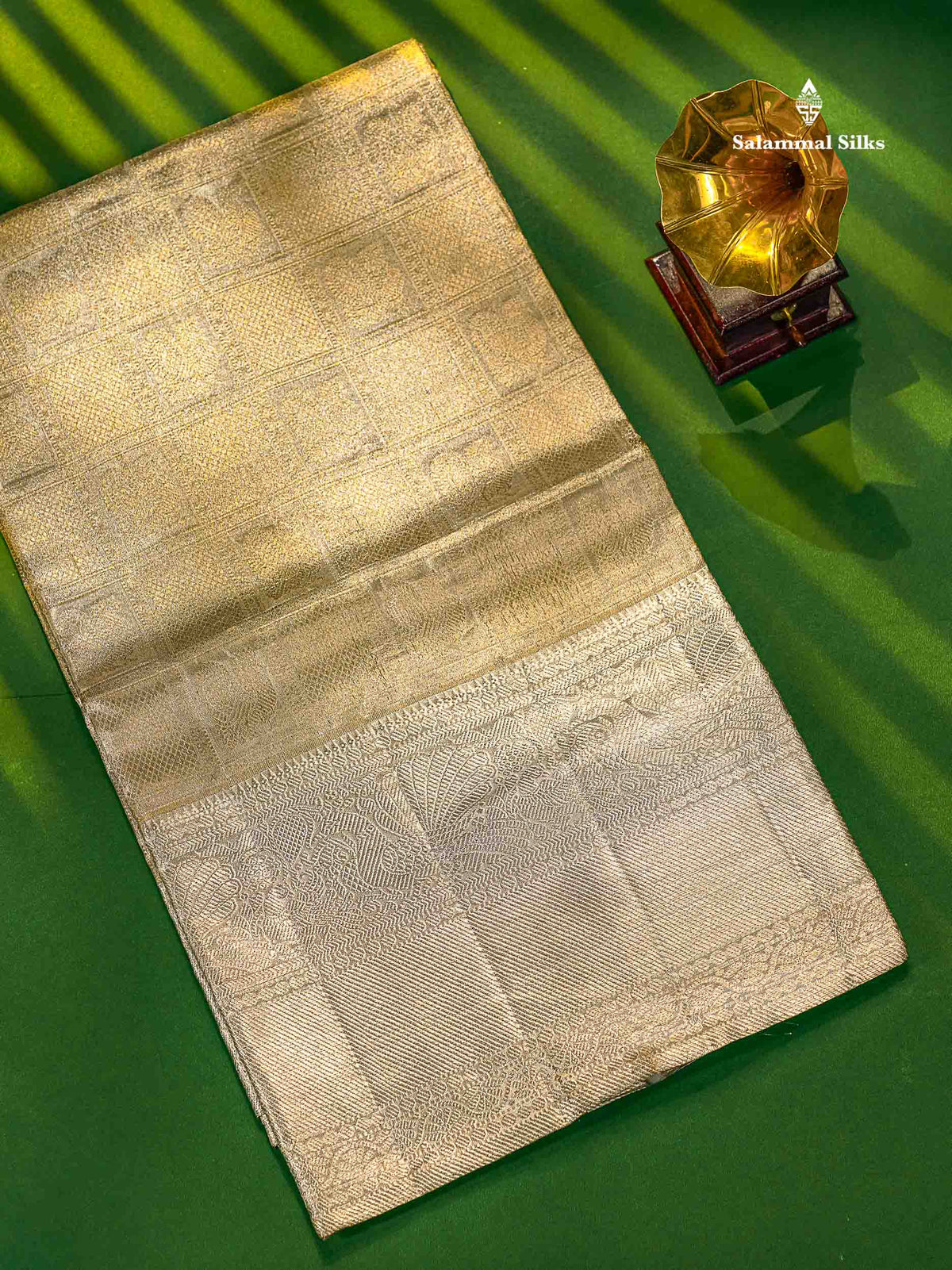 2G Zari Silver Tissue Checks Peacock Butta Kanjivaram Silk Saree with Self Border
