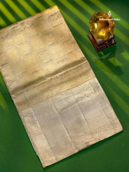 2G Zari Silver Tissue Checks Peacock Butta Kanjivaram Silk Saree with Self Border