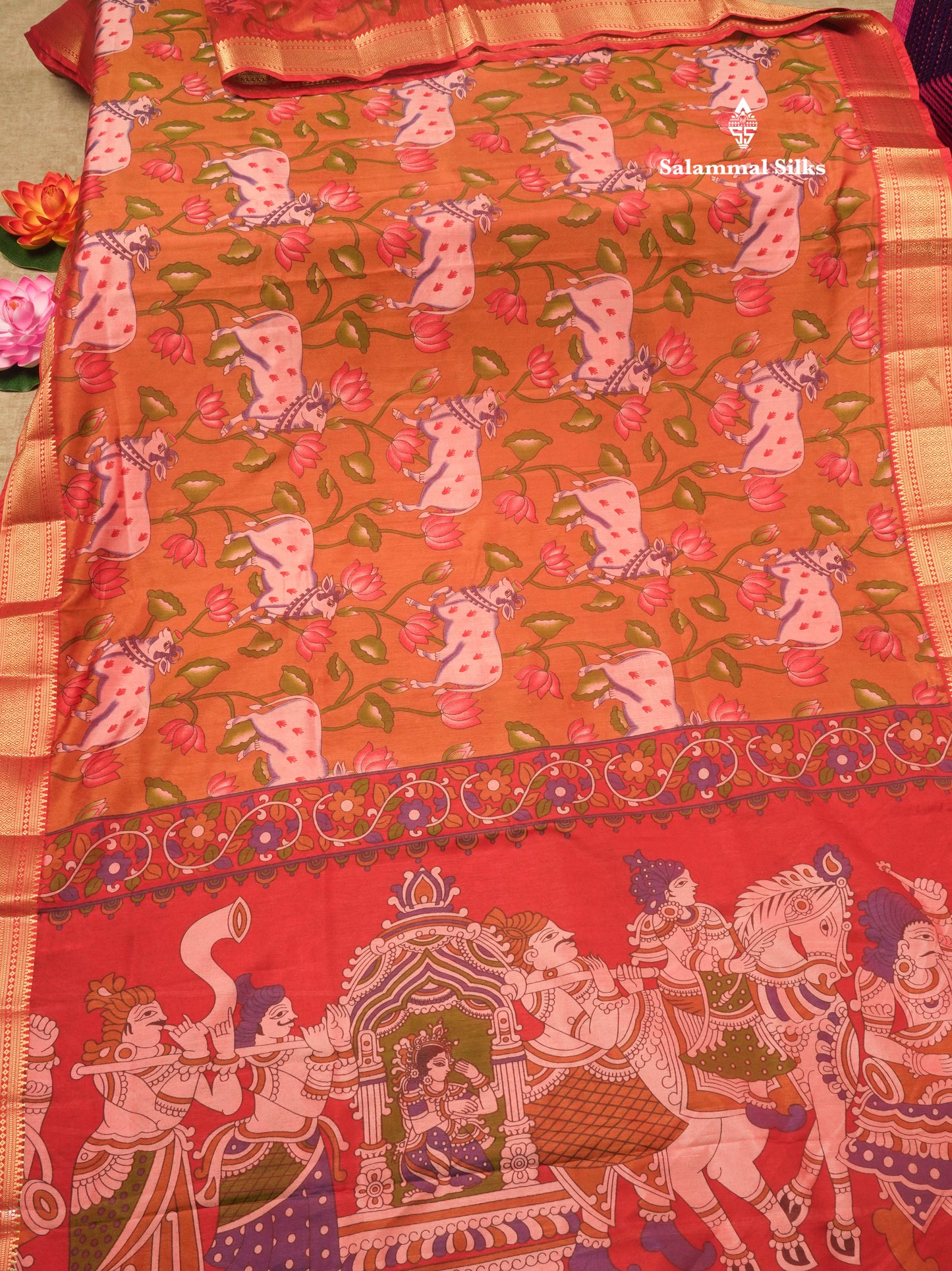 Purple Pichwai Print In Semi Raw Silk Saree With Contrast Rama Blue Traditional Border