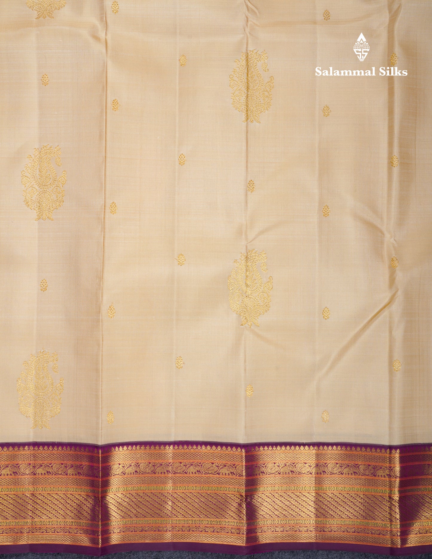 Korvai Beige Pure Kanjivaram Silk Saree With Contrast Magenta Traditional Border