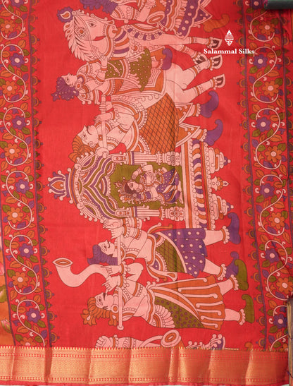 Purple Pichwai Print In Semi Raw Silk Saree With Contrast Rama Blue Traditional Border