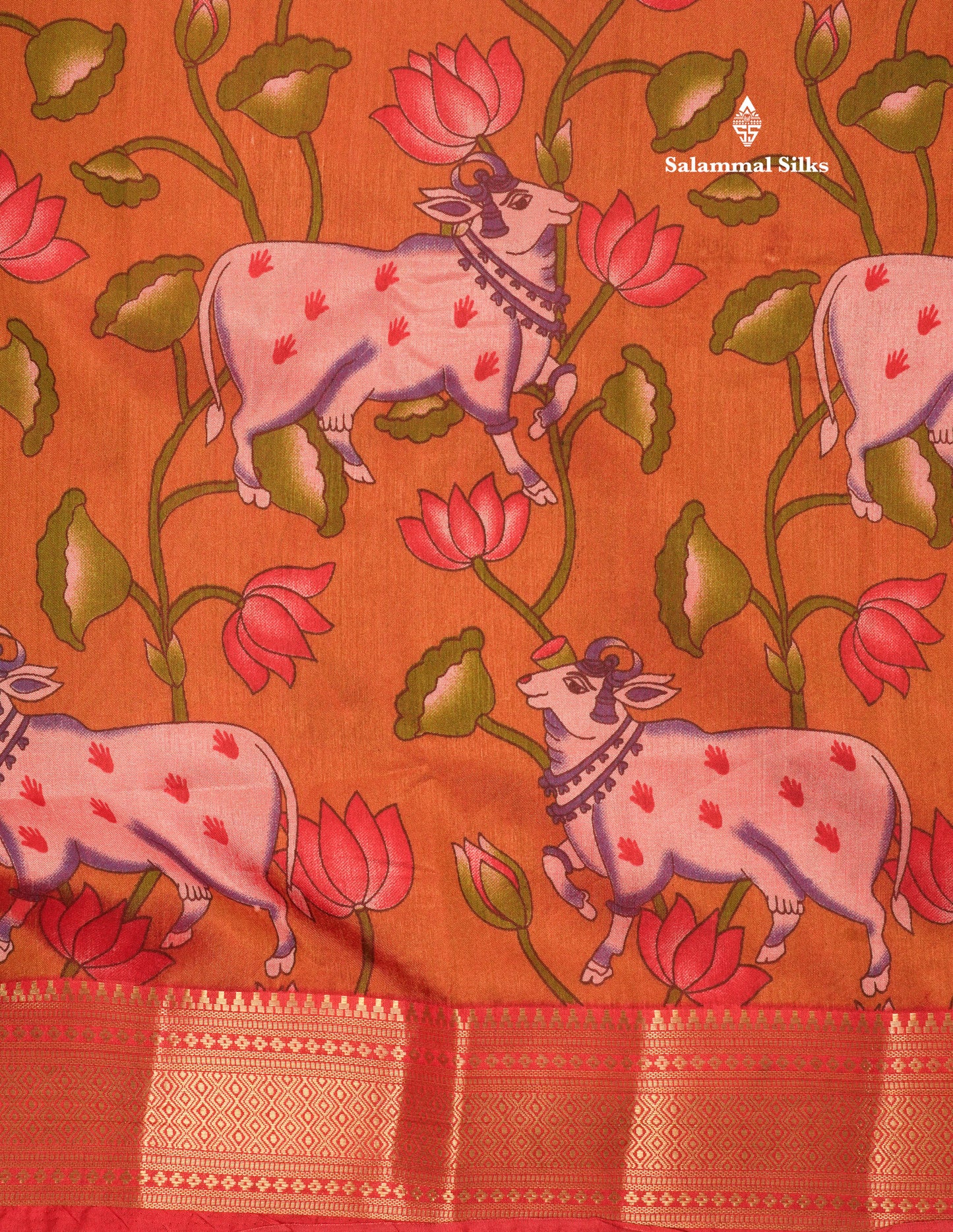 Purple Pichwai Print In Semi Raw Silk Saree With Contrast Rama Blue Traditional Border