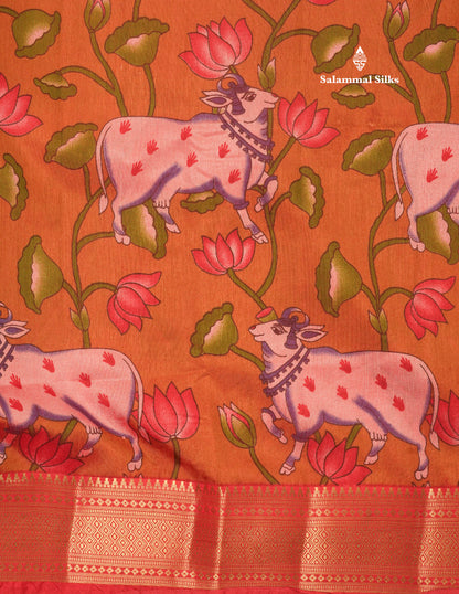 Purple Pichwai Print In Semi Raw Silk Saree With Contrast Rama Blue Traditional Border