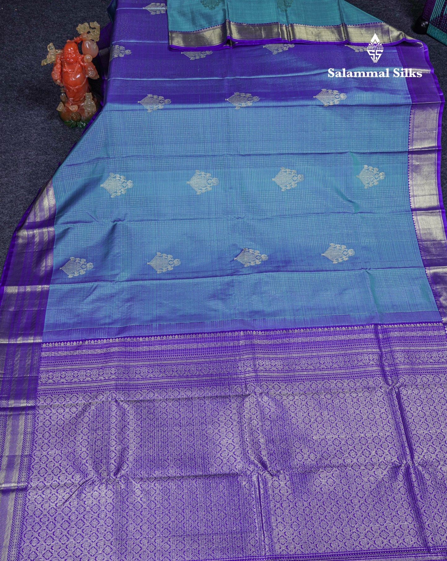 Dual Tone Rama Blue Vaira Oosi Small Checks Pure Kanjivaram Silk Saree With Contrast Violet Border