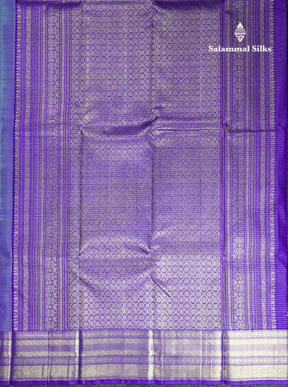 Dual Tone Rama Blue Vaira Oosi Small Checks Pure Kanjivaram Silk Saree With Contrast Violet Border