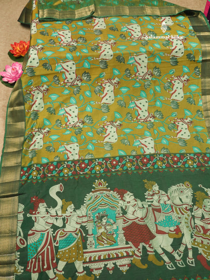 Purple Pichwai Print In Semi Raw Silk Saree With Contrast Rama Blue Traditional Border