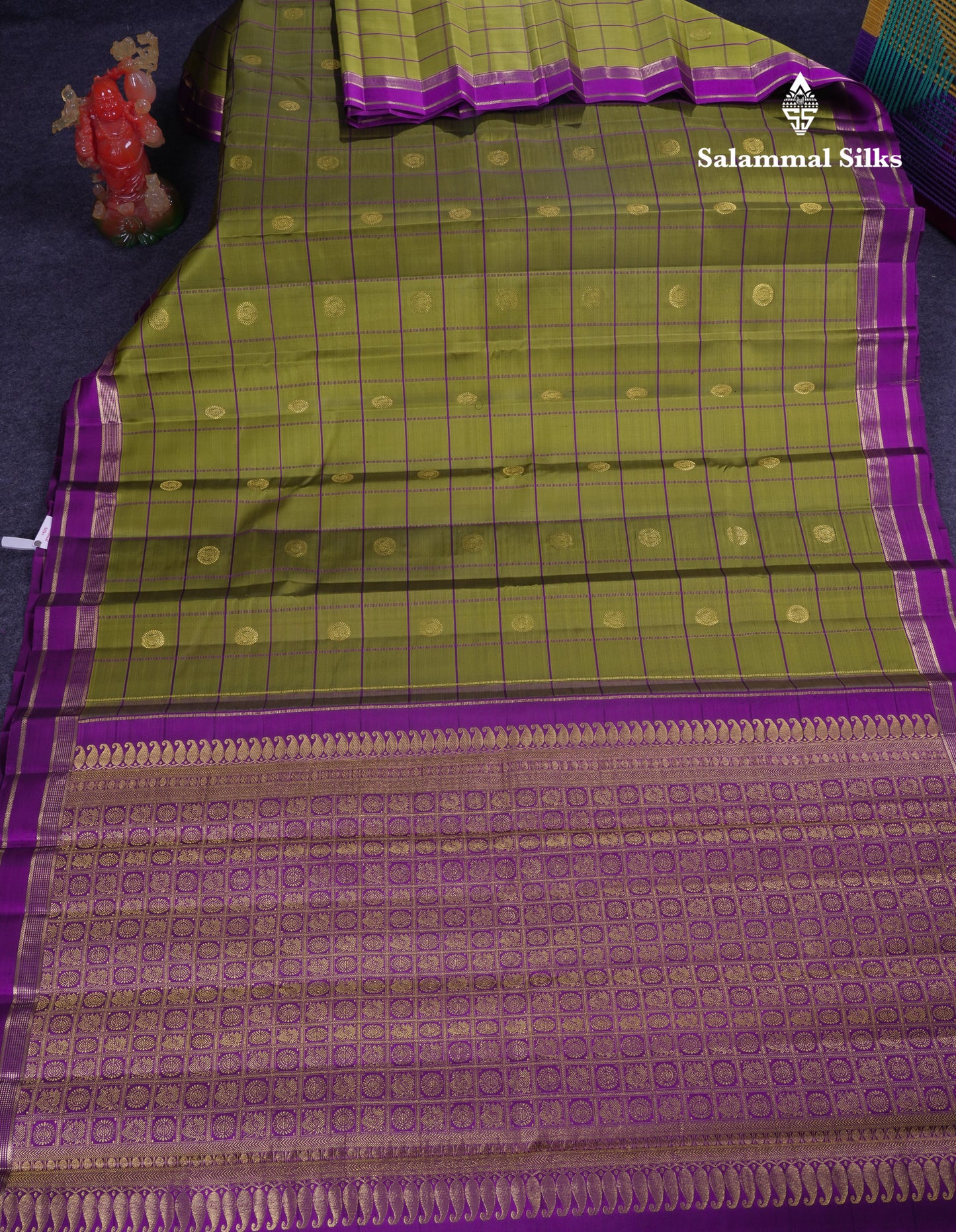 Beautiful Rexona Green Checks With Butta Pure Kanjivaram Silk Saree With Contrast Purple Traditional Medium Gap Border