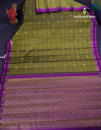 Beautiful Rexona Green Checks With Butta Pure Kanjivaram Silk Saree With Contrast Purple Traditional Medium Gap Border