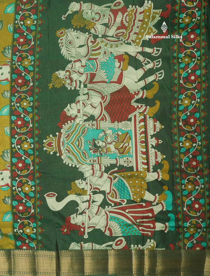 Purple Pichwai Print In Semi Raw Silk Saree With Contrast Rama Blue Traditional Border