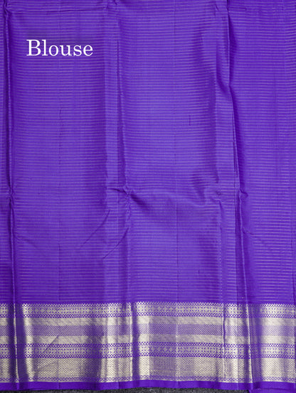Dual Tone Rama Blue Vaira Oosi Small Checks Pure Kanjivaram Silk Saree With Contrast Violet Border