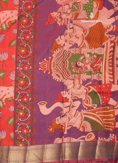 Purple Pichwai Print In Semi Raw Silk Saree With Contrast Rama Blue Traditional Border