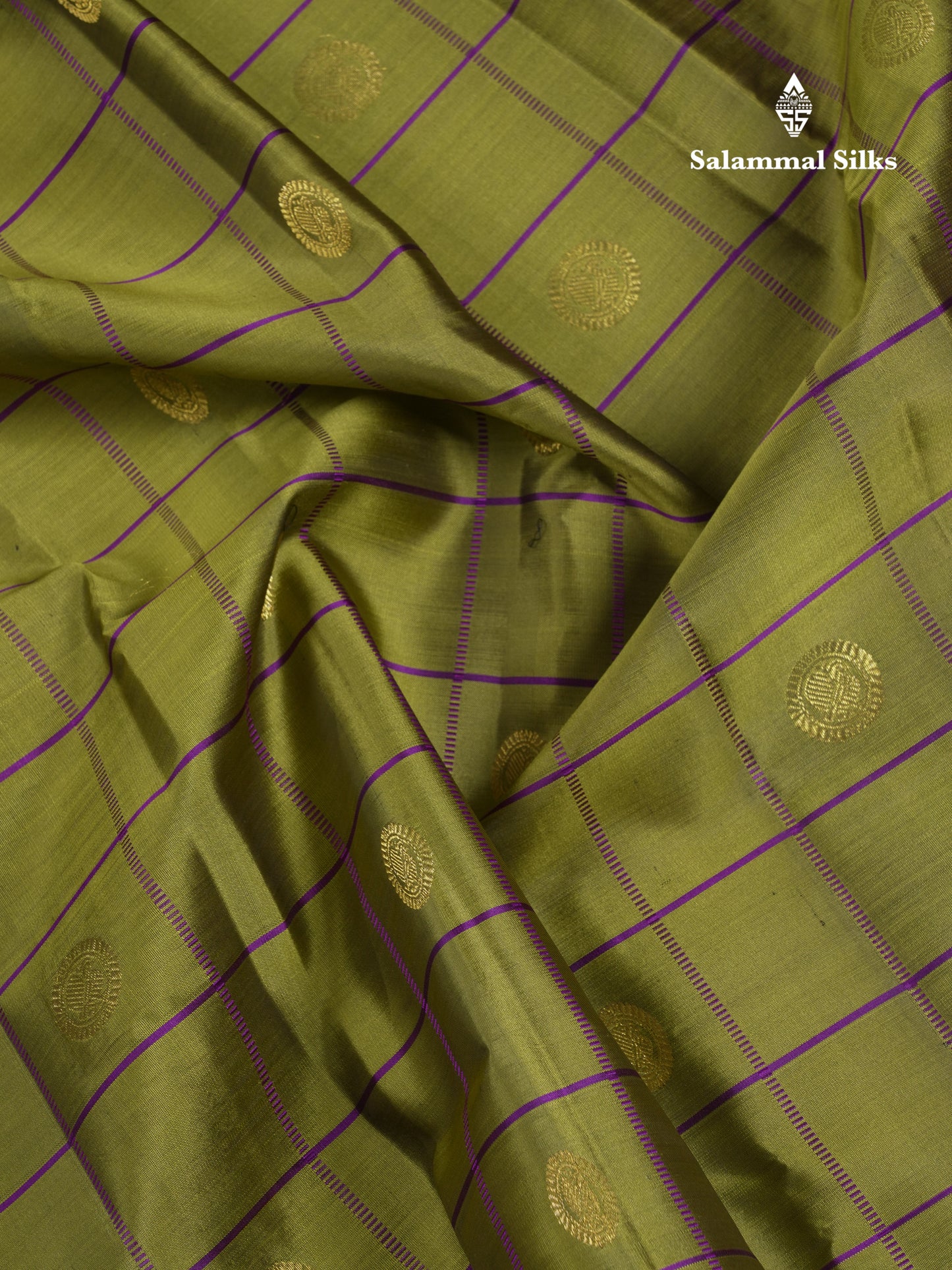 Beautiful Rexona Green Checks With Butta Pure Kanjivaram Silk Saree With Contrast Purple Traditional Medium Gap Border