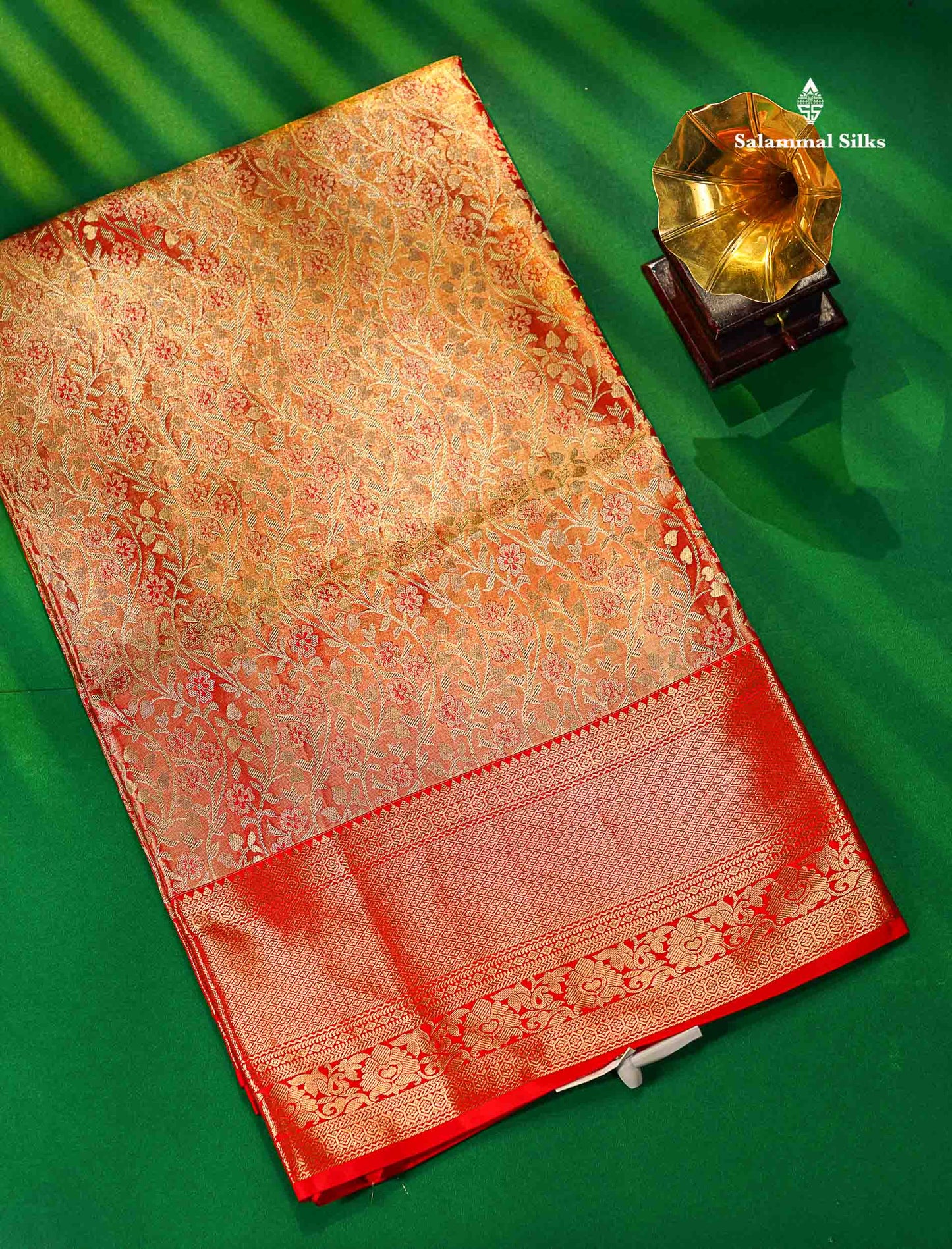 Light Orange Tissue Bridal Pure Kanjivaram Silk Saree With With Contrast Red Border
