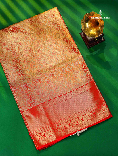Light Orange Tissue Bridal Pure Kanjivaram Silk Saree With With Contrast Red Border