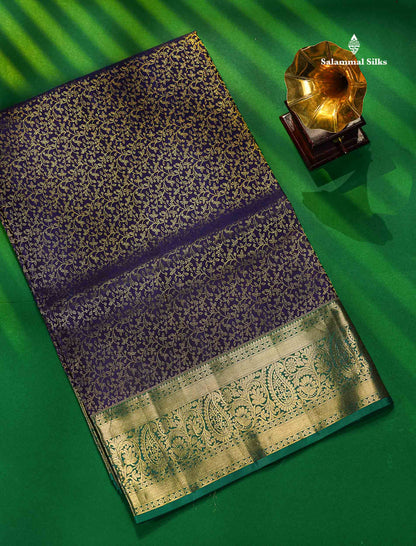 Navy Blue Bridal Pure Kanjivaram Silk Saree With Contrast Saffire Green Border