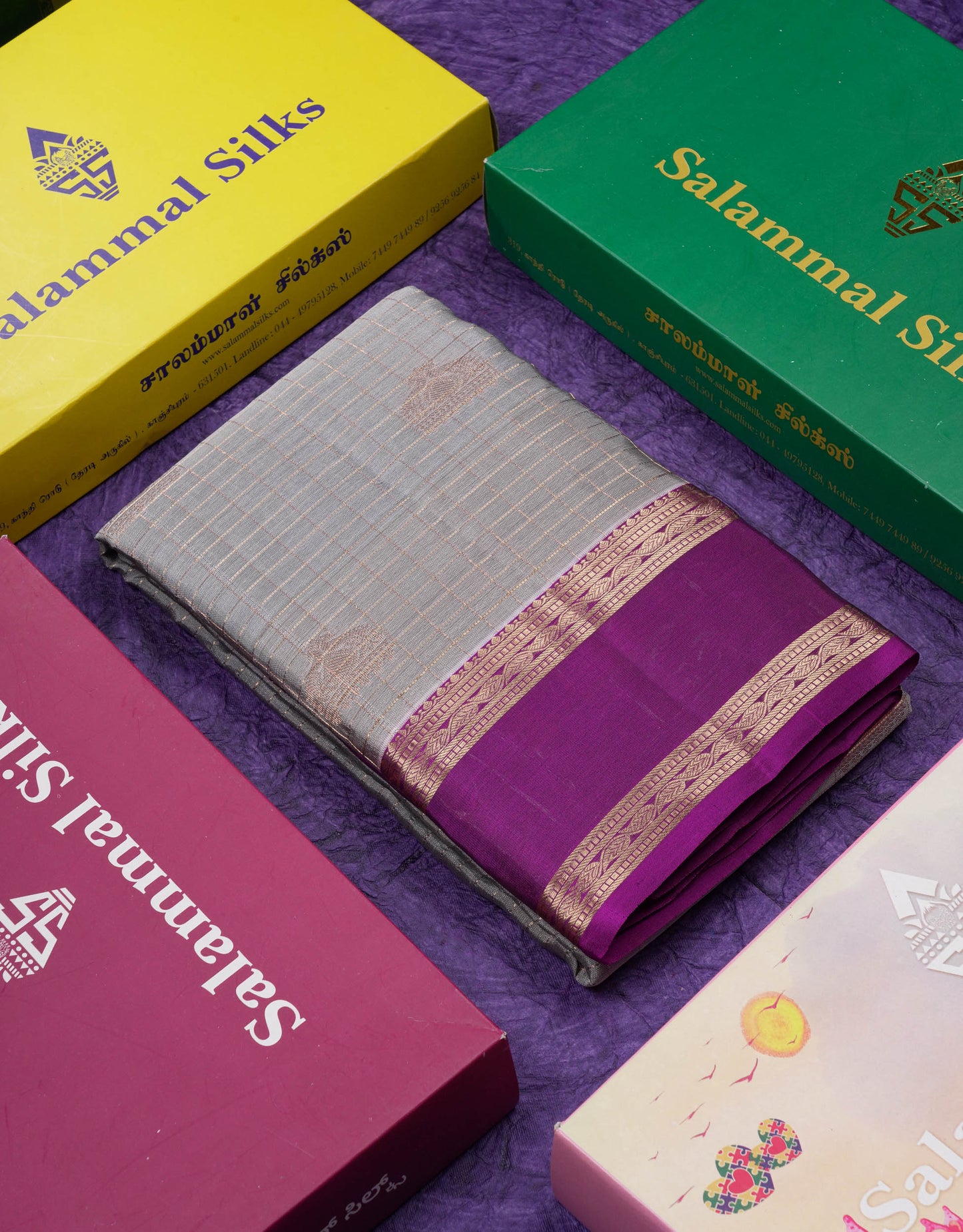 Beautiful Grey Traditional Checks And Buttas Pure Kanjivaram Silk Saree With Contrast Violet Border
