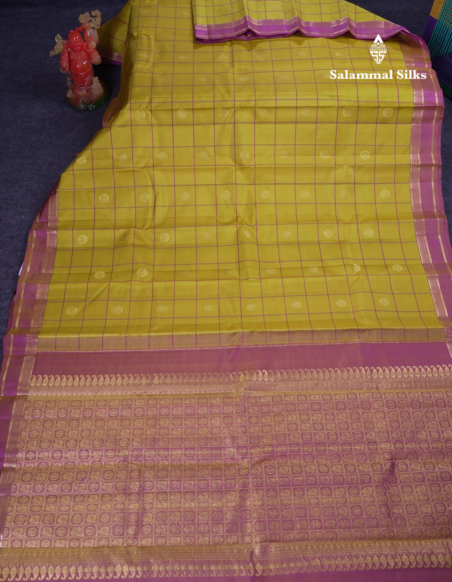 Beautiful Rexona Green Checks With Butta Pure Kanjivaram Silk Saree With Contrast Purple Traditional Medium Gap Border