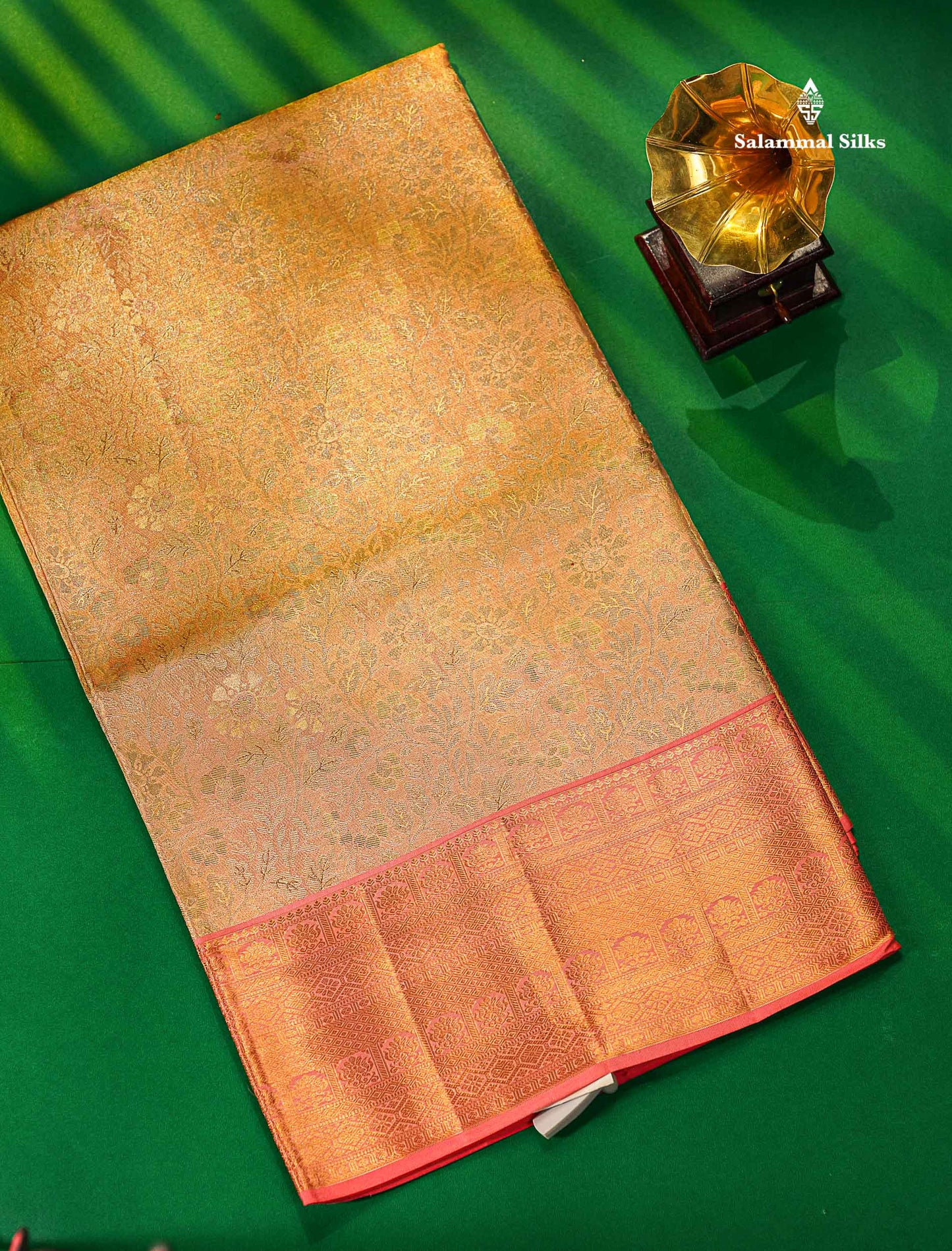 Light Peach Tissue Bridal Pure Kanjivaram Silk Saree With Contrast Pinkish Peach Border
