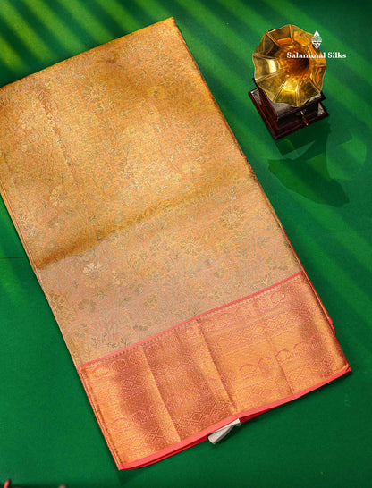 Light Peach Tissue Bridal Pure Kanjivaram Silk Saree With Contrast Pinkish Peach Border
